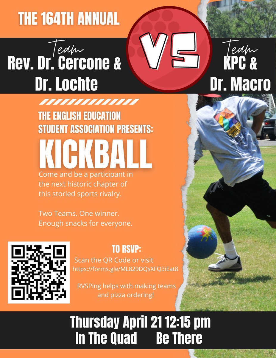 BSCEnglishEd's tweet photo. Thursday April 21st, the famed EESA kickball game makes its triumphant return!! https://t.co/YPx3YrPtrN