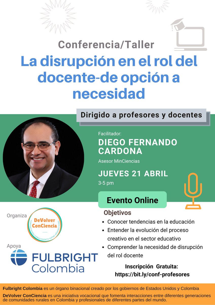 El 21 de abril de 3-5 pm, estaremos coordinando, en colaboración con <a href="/fulbrightcolo/">@fulbrightcolorado</a>, una conferencia/taller dirigida a profesores. Evento gratuito, online. Inscripciones en bit.ly/conf-profesores #educacion