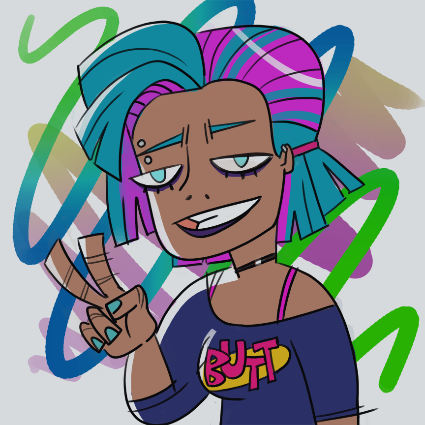 DangusProfessor's tweet photo. Felt like doing something a little more cartoony.

#cartoon #cartoonart #colorful #punk #alternative #choppyhair #butt #teal #violet #purple #pink #pinkhair #bluehair #tealhair #twotonehair #peace #doodle #dallasart https://t.co/rjTxNRWbJr