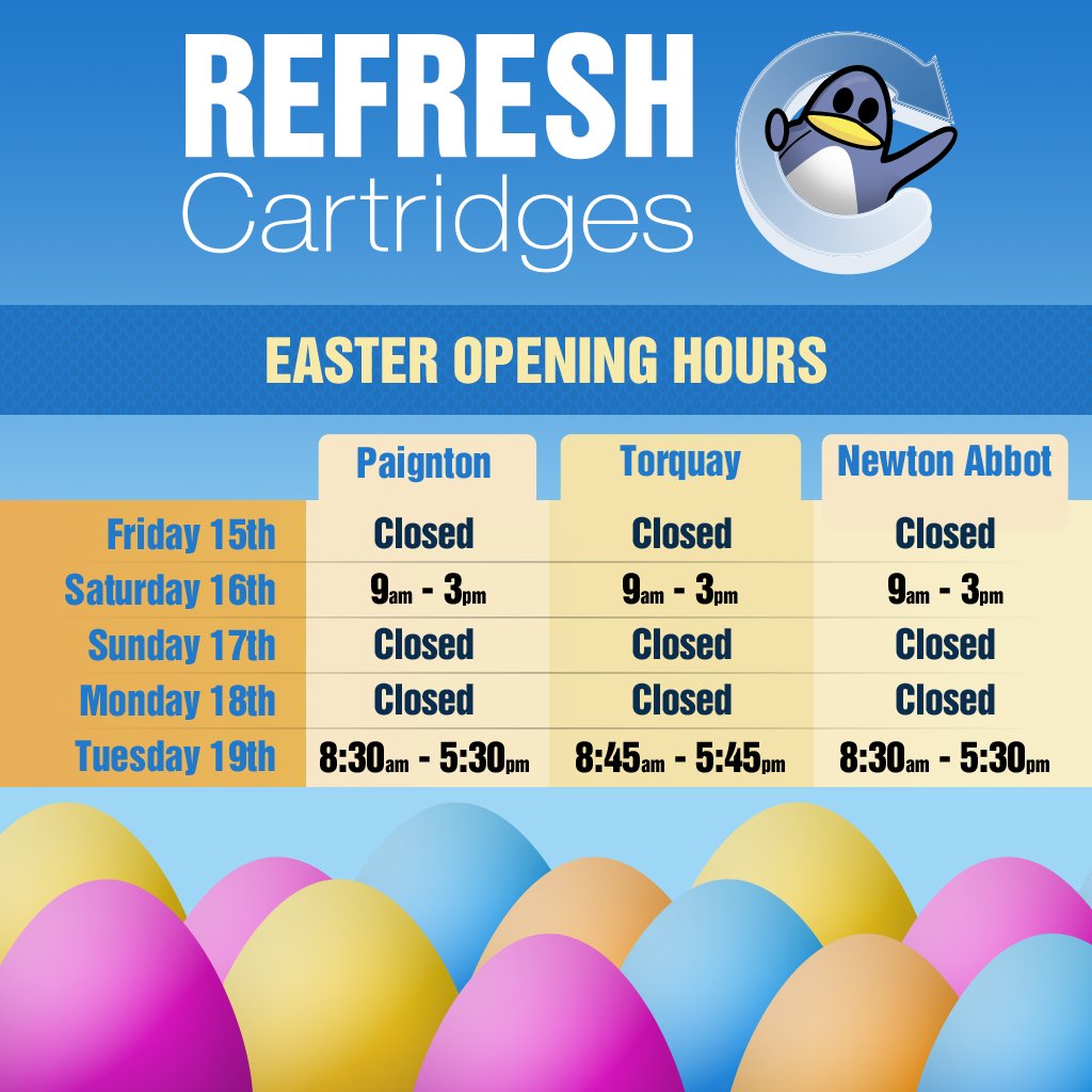 Refreshcarts's tweet image. Have a fantastic #Easter2022 weekend everybody! Our stores are closed during the Easter break, with the exception of Saturday. Of course, you can still place your orders via refreshcartridges.co.uk