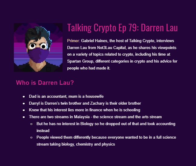 The_ReadingApe's tweet photo. Today we're going to share the pod summary interview between @gabrielhaines and @Darrenlautf from @Not3Lau_Capital. This conversation happened around Jan this year, so while some things mentioned are out of date, a lot of them are still relevant. https://t.co/m9rPYmHqi8