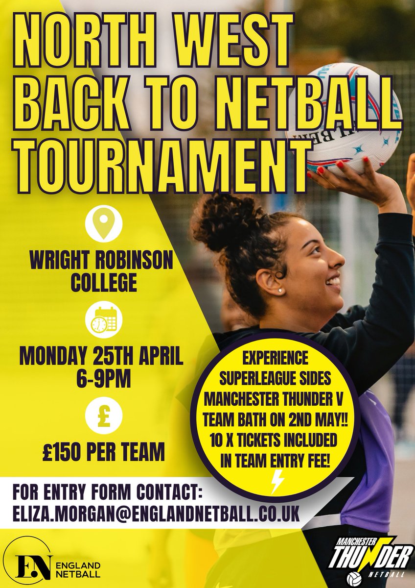 Exciting Back to Netball tournament coming to the North West🤩

Join us on Monday 25th April, 6-9pm at Wright Robinson College! 

⚡️ 10 x adult tickets for the unmissable Manchester Thunder v Team Bath match up included in team entry fee ⚡️