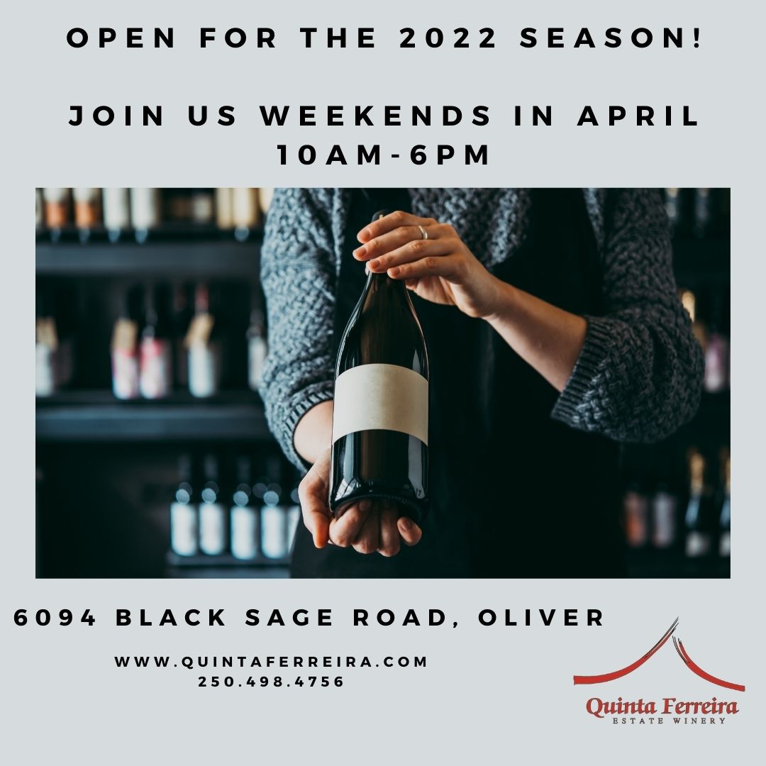 PSST! We are opening tomorrow, Friday April 15 for the 2022 season. Spread the word. We've got new releases of your favourite wines. Opening weekend promotions available in the tasting room only. We missed you and can't wait to see you!