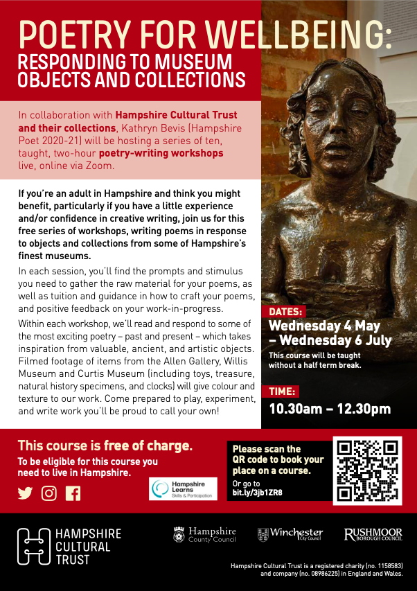 BevisKathryn's tweet photo. I’ll be hosting two, free, online, poetry-writing courses after Easter for any adult in Hampshire who might benefit, in collaboration with @HantsCulture @hantsconnect and @sdnpa. Book swiftly by emailing Emily-Kate.Stuart@hampshireculturaltrust.org.uk as places will go fast! https://t.co/yUoA3qXE2s
