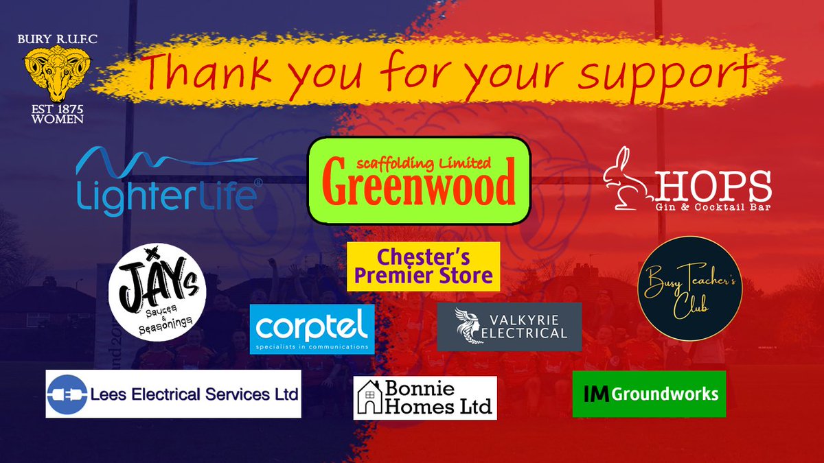 Sponsors - A huge thank you to all our sponsors this season, their contribution is vital to the running of the women's team. #sponsor #womensrugby #buryrugby