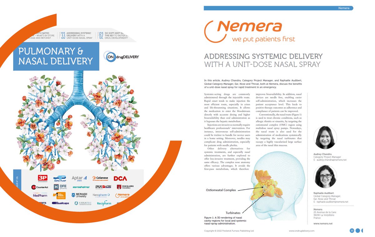 By targeting the nasal turbinates that occupy a highly vascularised large surface area of the nasal thin mucosa the nasal route is used to administer drugs systemically. 
nemera.net/knowledge-hub/…
#weputpatientsfirst #drugdeliverydevices #nasal #ENT