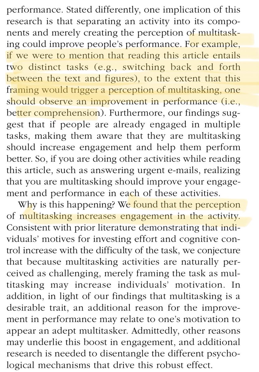 emollick's tweet photo. Humans can’t really multitask: our self-assessed multitasking ability is negatively correlated with actual ability 🤷

But we love to do it: in fact, if you take a normal task &amp; just tell people that what they are doing is multitasking, they become more engaged  &amp; do better work! https://t.co/YzwhHMuKU7