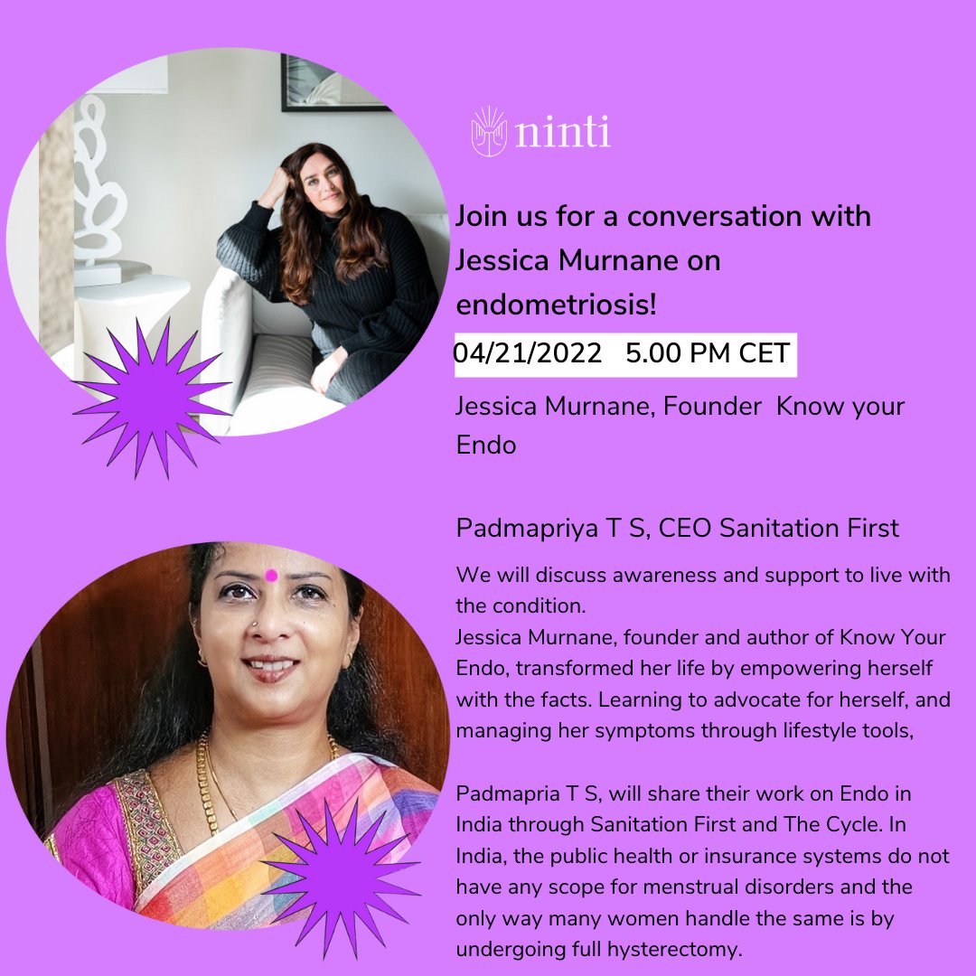 tspadmapriya's tweet photo. Happy to join the monthly talk on #Ninti.ai along with JessicaMurnane ,Author of Know Your Endo to discuss the work that @SanFirstIndia does on #Endometriosis awareness and research. Do join us here on 21st April 2022, 5 pm CET &amp; 8.30 pm IST : https://t.co/0JwKisB6AO https://t.co/3ePeeBWAuD