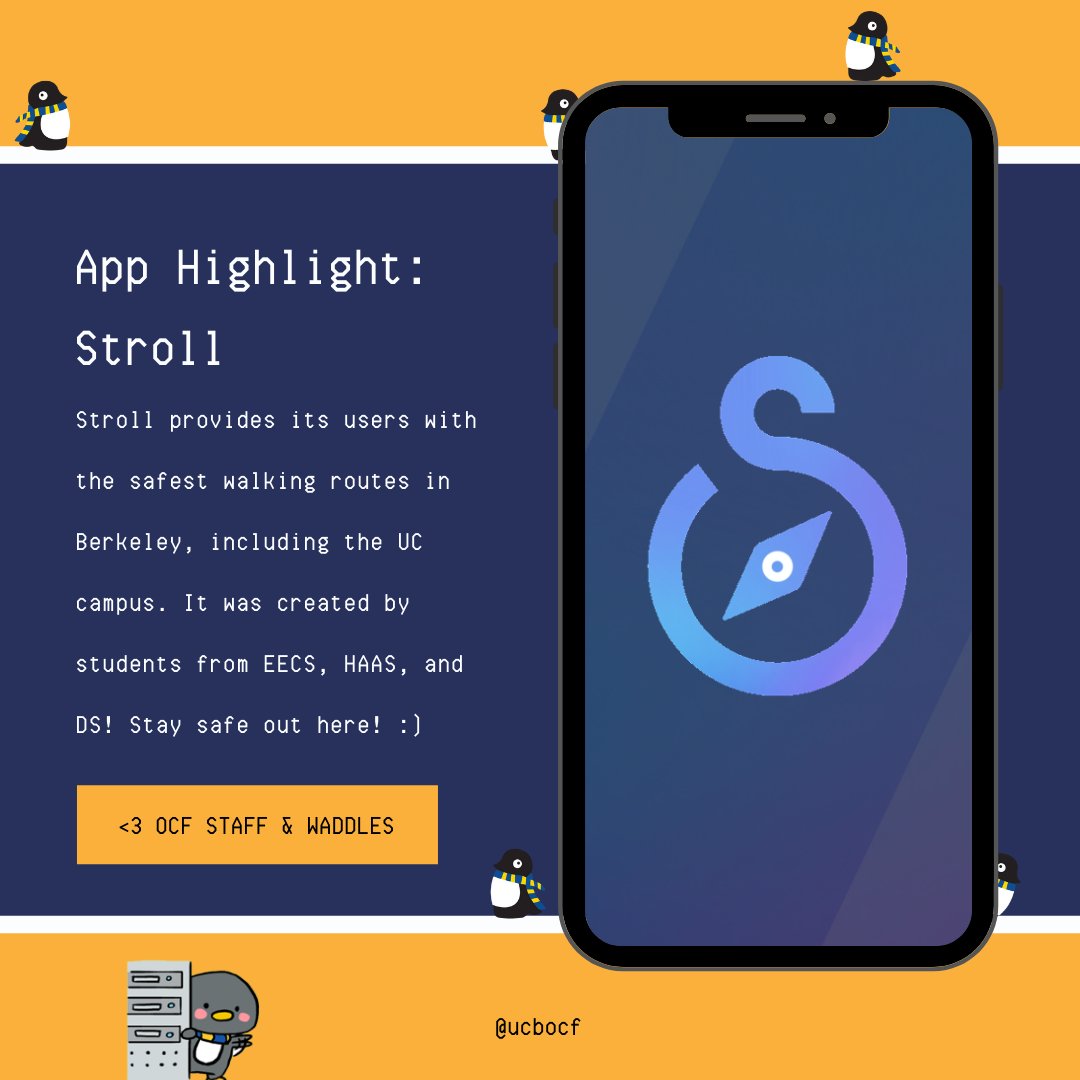 ucbocf's tweet photo. Welcome back to the OCF feed! Today we wanted to highlight the app: Stroll! Stroll is an app that provides you with safe walking routes both on campus and in the city (great for nights you're out late). It's central aim is to keep you safe as you try to get to your destination. https://t.co/XwiSCgtDyX