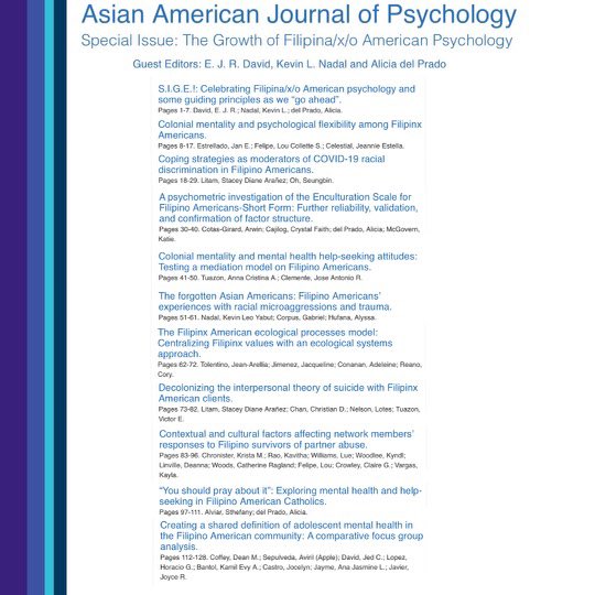 ejrdavid's tweet image. The special issue is filled with significant contributions from Filipinx American Psychology scholars, service providers, &amp;amp; community leaders. Check out this All-Star roster!!! 🙏🏽🤎✊🏽

Go here to get more info about each piece: psycnet.apa.org/PsycARTICLES/j…