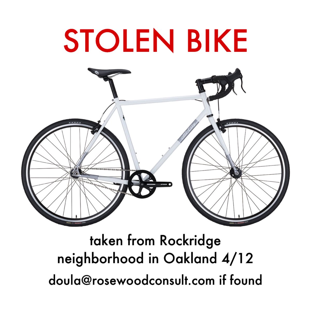 !!STOLEN BIKE!! 50cm white single speed All City taken from a garage in Rockridge (Oakland) last night (4/12). Please lock it and email me (doula @ rosewoodconsult.com) if found. 
 @sfbikecoalition @oaklandbikeguy