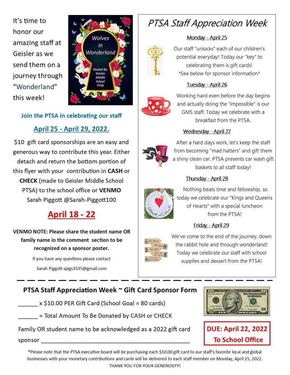 Staff Appreciation Week is just around the corner! No time to shop? Out of gift ideas? SPONSOR A GIFT CARD through the PTSA! Our goal is 80 x $10 gift cards and our staff LOVES getting these each year!
Check out the flyer and VENMO or SEND IN your contribution! <a href="/WalledLkSchools/">Walled Lake Schools</a>