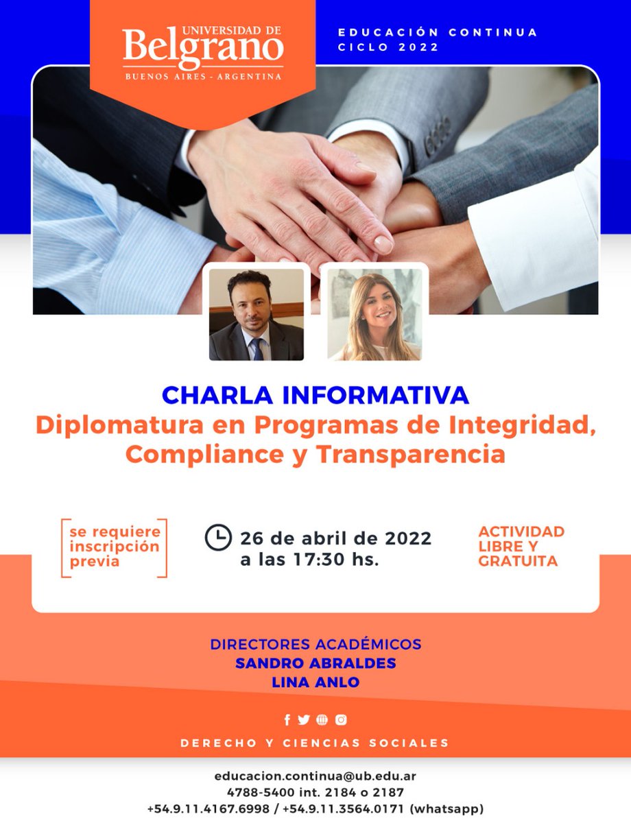 iecompliance's tweet photo. 2da Edición de la Diplomatura en Programas de Integridad, Compliance y Transparencia. Directores académicos: nuestra co-fundadora Lina Anllo, y el Dr. Sandro Abraldes. 

CHARLA INFORMATIVA 
🗓 26 de abril 17.30hs 

📲Inscribite acá: https://t.co/Evoey9SyMX https://t.co/enzHySj4Um
