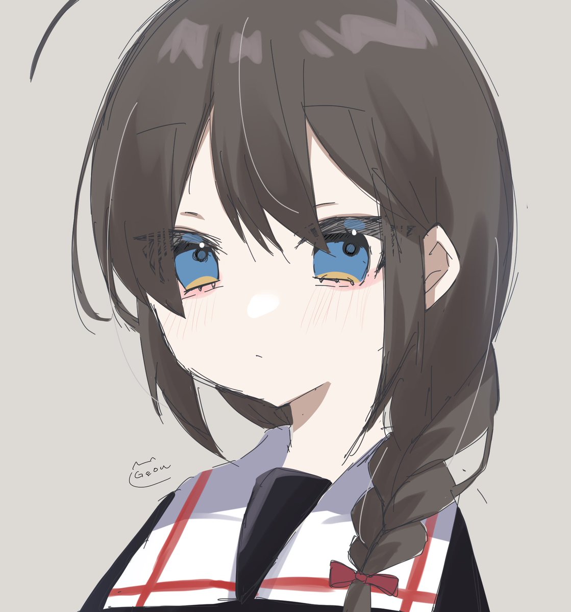 shigure (kancolle) 1girl solo braid blue eyes simple background grey background ahoge  illustration images