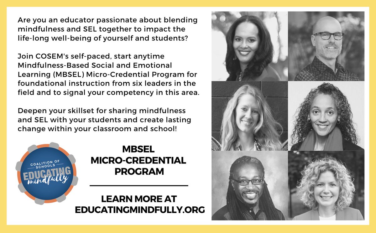 EdMindfully's tweet image. COSEM's Micro-Credential Program is grounded in research &amp;amp; best practice &amp;amp; lets others know that you have knowledge of the fundamentals of Mindfulness-Based SEL &amp;amp; the skillset to lead basic MBSEL practices and lessons. Earn 30 PDHs, CEUs or 2 grad credits. educatingmindfully.org/credential