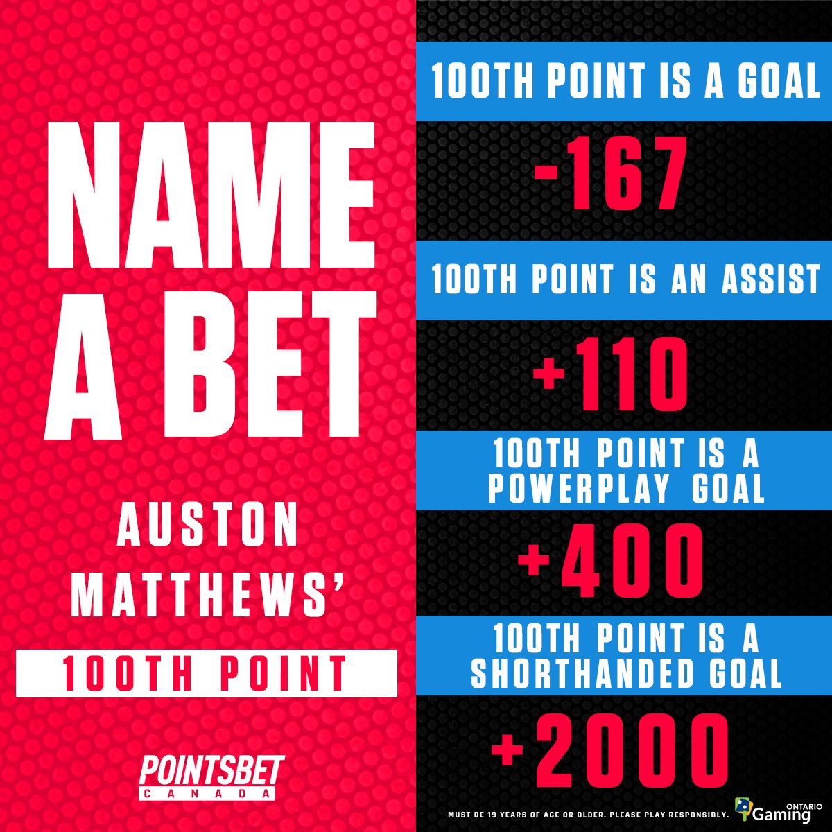 PointsBetCanada's tweet photo. Over the next couple of games Auston Matthews could become the 3rd player in Maple Leafs history to record 100 points in a season 🍁

How do you think Matthews gets his 100th point?  🤔

Only Available @PointsBetCanada: https://t.co/PrvbWhRKa1

#ThisIsHowWePlaySports https://t.co/waAe4qgM3p