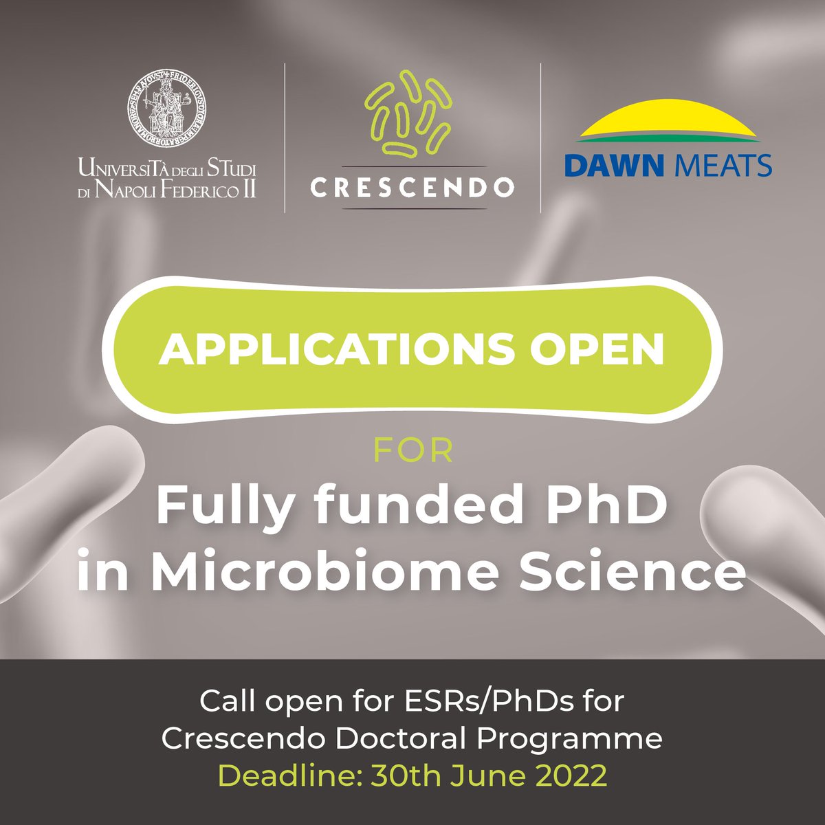 We are partnering with the Unina Federico II as part of the <a href="/CrescendoUnina/">Crescendo Unina</a> Transdisciplinary Doctoral Programme in Microbiome Science, co-funded by H2020–MSCA, to offer a fully funded research PhD in the field of food microbiome research. For more info: lnkd.in/dhF4JKbe