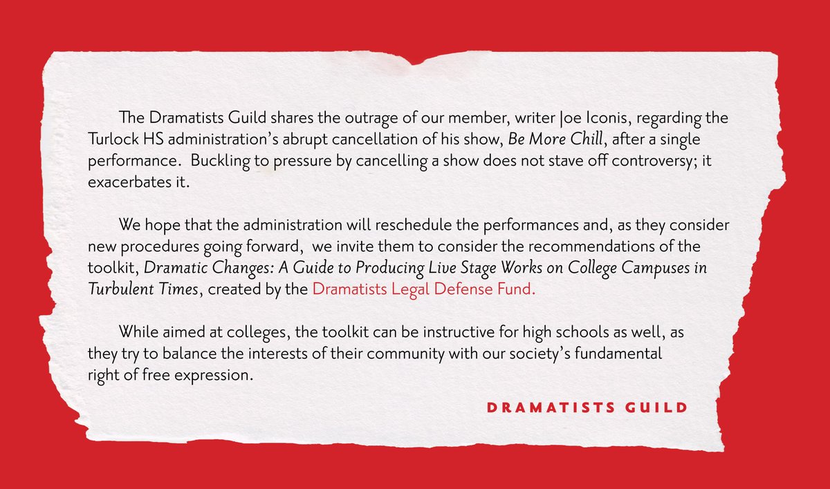 We share the outrage of our member, @MrJoeIconis, regarding the Turlock High School administration’s abrupt cancellation of his show, 'Be More Chill.' Buckling to pressure by cancelling a show does not stave off controversy; it exacerbates it. thedldf.org/college-toolkit @thedldf