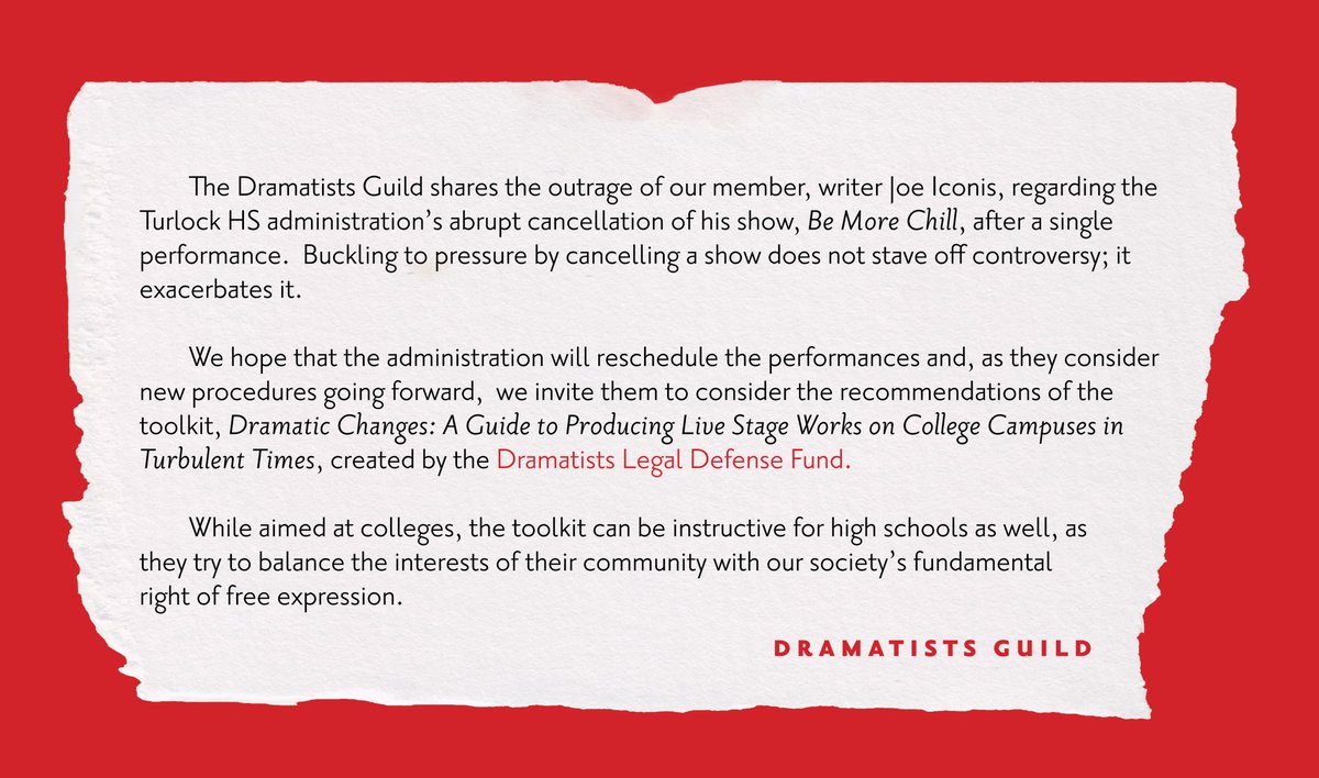 We share the outrage of our member, <a href="/MrJoeIconis/">Joe Iconis</a>, regarding the Turlock High School administration’s abrupt cancellation of his show, 'Be More Chill.'  

Buckling to pressure by cancelling a show does not stave off controversy; it exacerbates it.

thedldf.org/college-toolkit
<a href="/thedldf/">DLDF</a>