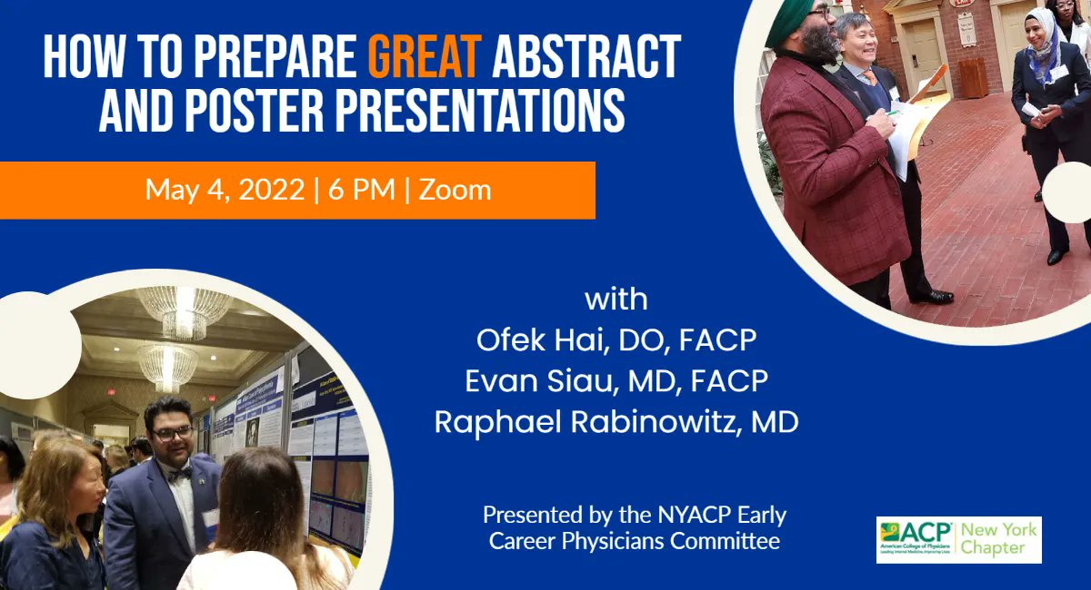 NewYorkACP's tweet photo. #MedStudentTwitter and Residents:  Stand out with high-quality abstract submissions and polished, effective poster presentations!
@evsiau @ofekhai and Raphael Rabinowitz, MD will help you identify features to include and pitfalls to avoid.  
Register now:  https://t.co/r7gxnd3KqG https://t.co/lqXeNjP9dV