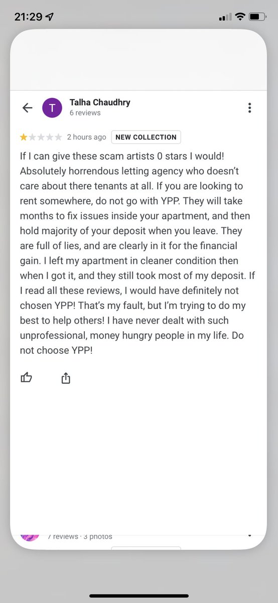 Talha “Scam artists horrendous letting agency who doesn't care about there tenants at all do not go with YPP months to fix issues inside your apartment”

YPP Lettings YPP_Lettings not affiliated with or connected to any similarly-named individuals or brands