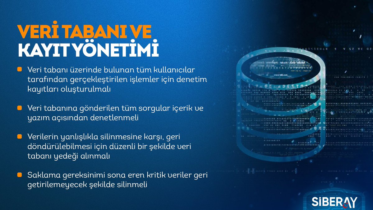 💾Veritabanı oluşturmak, oluşturulan veritabanlarını düzenlemek, yönetmek, geliştirmek ve hizmete sunmak için kullanılan yazılım/sisteme "Veritabanı Yönetim Sistemi" denir.

👉Bu sistemin ve süreçlerin güvenli şekilde işleyebilmesi için neler yapılmalı❓

#SİBERAY🌙