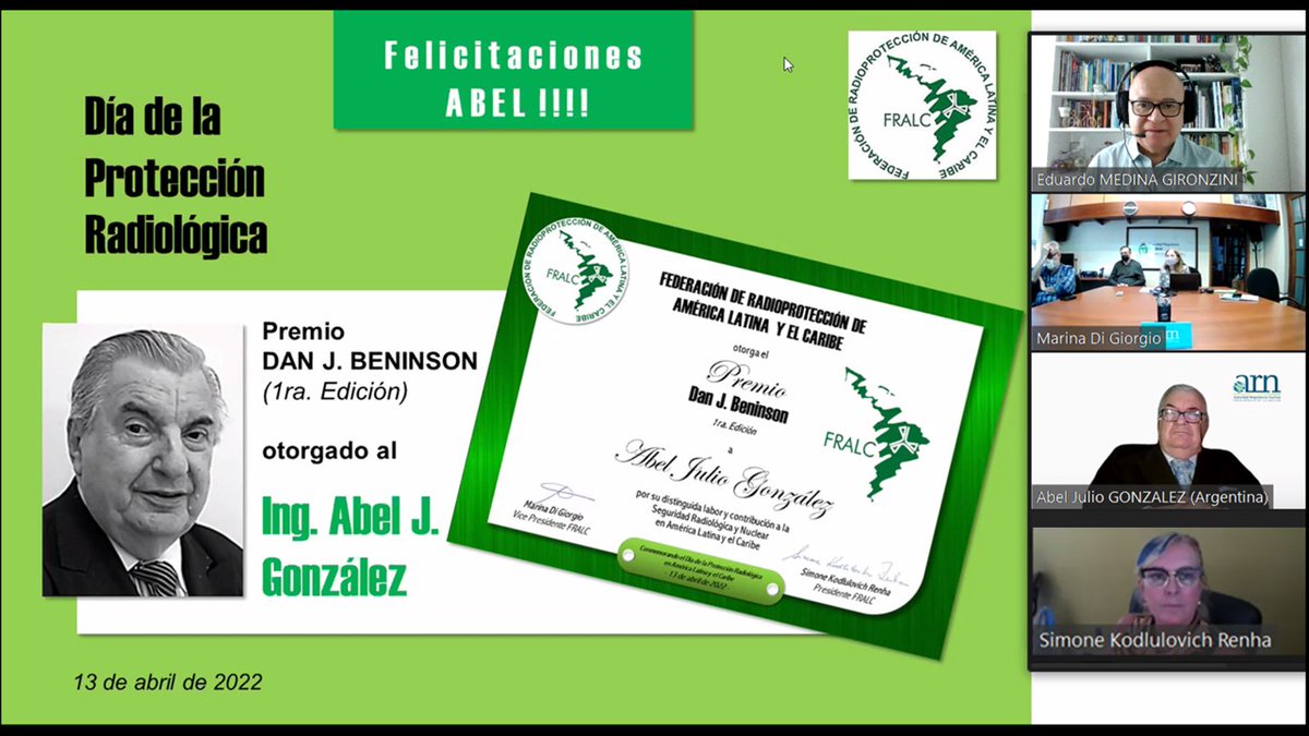 radioproteccion's tweet photo. La FRALC otorgó el Premio Dan Beninson al Ing. Abel Julio Gonzalez al finalizar su conferencia con ocasión del Día de la Protección Radiológica que se celebra el 15 de abril.
Mas detalles en: https://t.co/URdNv3sa6J https://t.co/CGFJsOimJZ