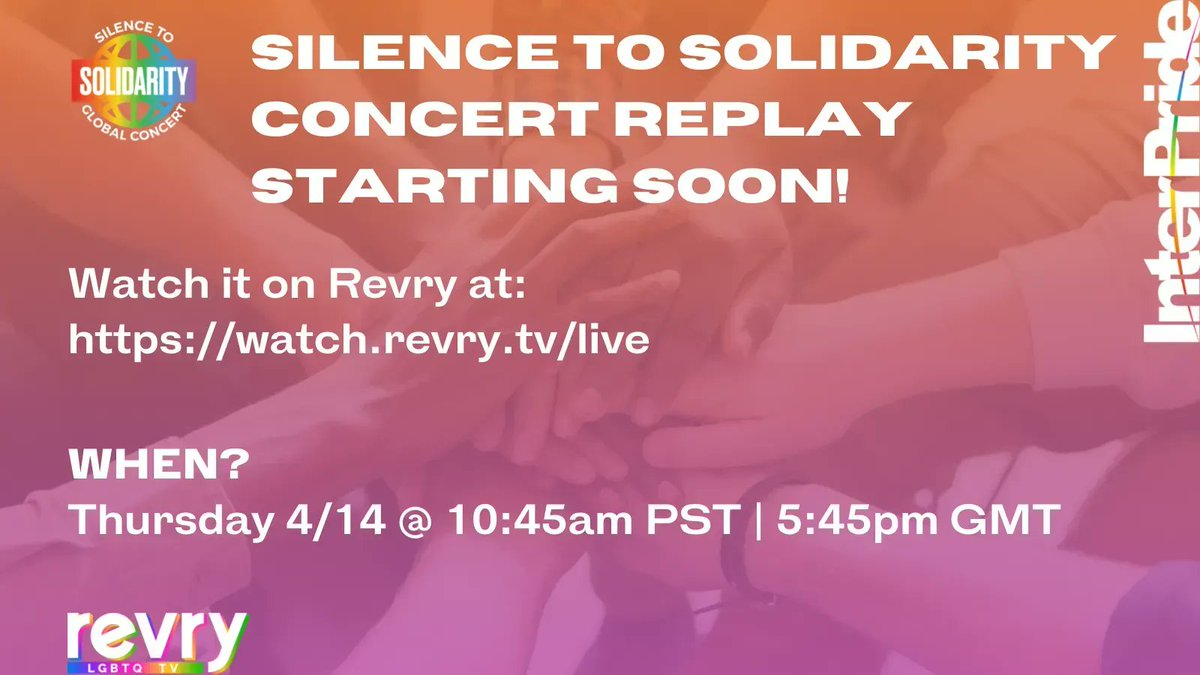 InterPride's tweet photo. Did You Miss Our Silence To Solidarity Global Concert On March 19th? STARTING SOON! TUNE IN! You can watch again on @REVRYTV Visit: https://t.co/GjyoLVUPeh
Streaming starts: Thursday 4/14 at 10:45am PST | 5:45pm GMT
#IPS2S #InterPride #Pride #LGBT #LGBTQ #LGBTQIAPlus #LGBTI https://t.co/kEl16YTWgW