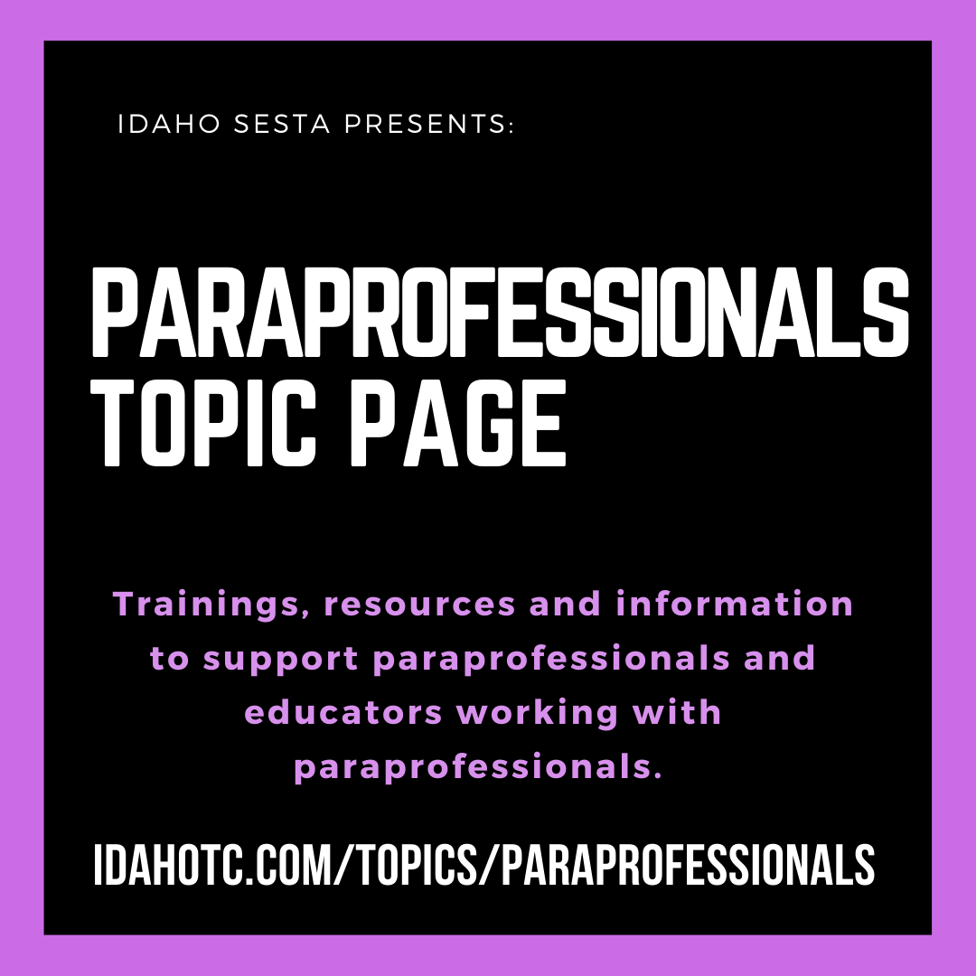 IdahoSESTA's tweet photo. P - A - R - A means 'alongside of' or 'akin to'. 
Idaho SESTA has compiled various resources on the ITC Paraprofessional Topic Page.  You can find trainings, information sheets, and other resources here. 

https://t.co/o4JcEi1DP6

#IdahoSESTAResources https://t.co/A5ZQCZPnI0