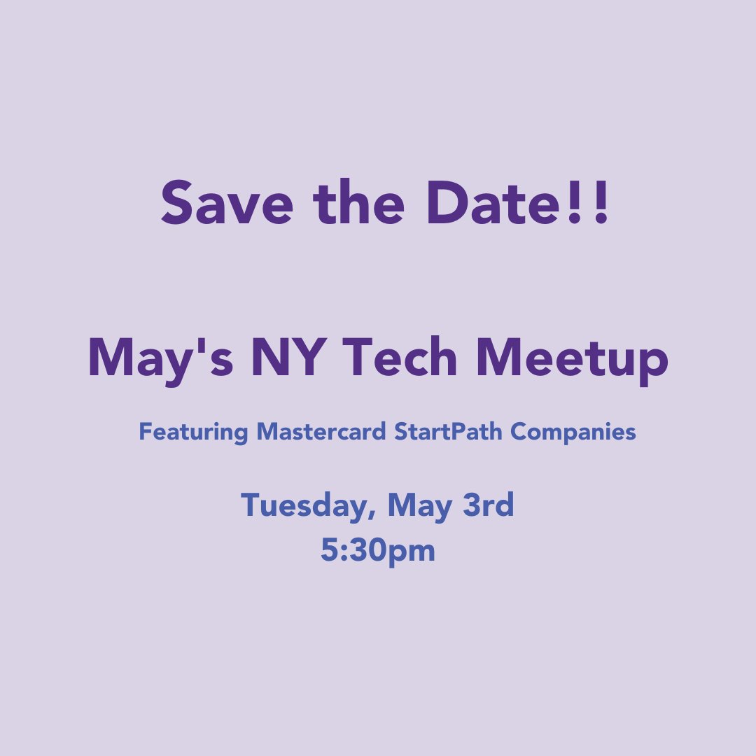 NYTechAlliance's tweet photo. Save the Date! May’s #NYTechMeetup will feature #MasterCard #StartPath companies and their tech. You will not want to miss viewing the #demos from these incredible #startups. More information to come soon.
When: Tuesday, May 3rd at 5:30pm
RSVP: https://t.co/zABewQP4h4 https://t.co/moSQj8lBgr