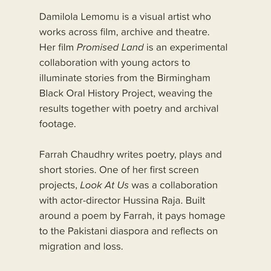 Farrah Chaudhry | Writer (@farrahchaudhry) on Twitter photo So hyped to be taking part in 'First Encounters', a conversation event at this year's <a href="/flatpack/">Flatpack Festival</a>! Join me and fellow artist Damilola Lemomu as we discuss our work, immigration and the experience of our grandparents!
#Flatpack2022 #LookAtUsFilm #shortfilm #birmingham #immigration So hyped to be taking part in 'First Encounters', a conversation event at this year's <a href="/flatpack/">Flatpack Festival</a>! Join me and fellow artist Damilola Lemomu as we discuss our work, immigration and the experience of our grandparents!
#Flatpack2022 #LookAtUsFilm #shortfilm #birmingham #immigration
