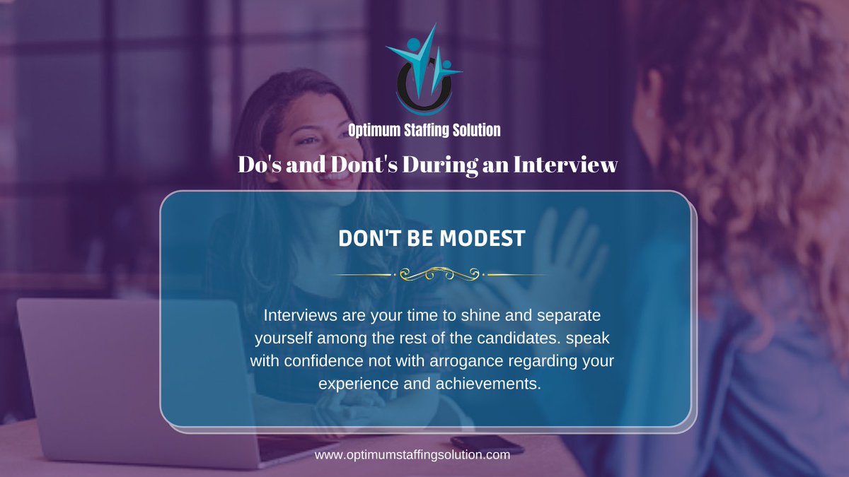 These Do's and Don'ts can give you an edge from all the other prospective candidates...

Follow us on our Official Pages : 

Website : https://t.co/r6m3XuaBz7
Facebook Page : https://t.co/Ny7snyH0Vd
LinkedIn: https://t.co/MOfbyJUgc3
Instagram: @Optimumstaffingsol

#interviewtips https://t.co/VVD4a11Wvt