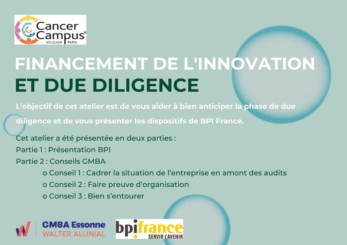 Ce matin, <a href="/Bpifrance/">Bpifrance</a> et le @GMBAConseil Essonne ont animé deux masterclass au cœur des préoccupations des porteurs de projets de <a href="/CancerCampus/">Cancer Campus</a> : Les financements non dilutifs et la due diligence.

#startup #financement #cancer