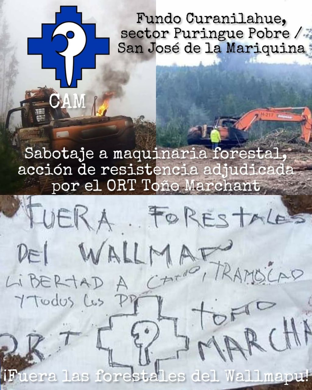 Fund Curanilahue, sector Puringue Pobre - San José de la Mariqiuina / Sabotaje a maquinaria forestal, accion de resistencia adjudicada por el ORT Toño Marchant / FUERA FORESTALES DEL WALLMAPU .LIBERTAD A CANIO, TRAMOLAO Y TODOS LOS PPM. ORT TOÑO MARCHANT