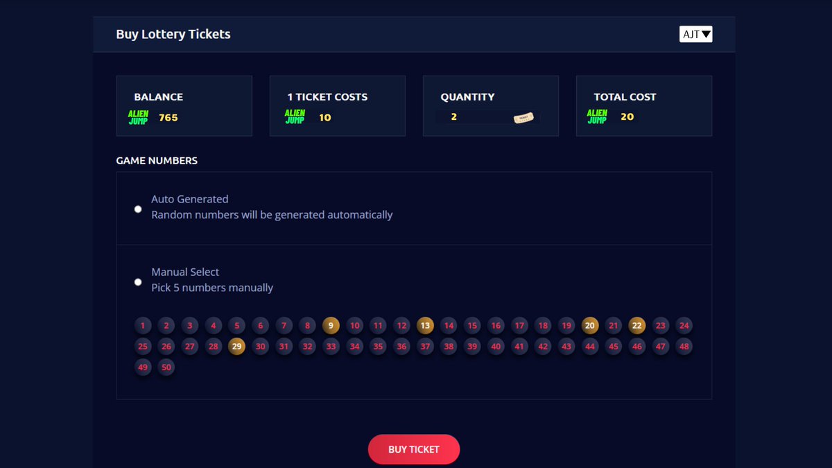 🎁DAILY LOTTERY FOR PLAYERS!

🎰You can buy LOTTERY TICKETS with AJ TOKENS earned in GAME OR BOUGHT on XUMM, DEX OR SOLOGENIC DEX!

🎲By playing the Lottery you can earn more AJ Tokens and NFTS

🖥️There will be more in depth on how to PLAY LOTTERY and other CONTESTS on AJ WEBSITE