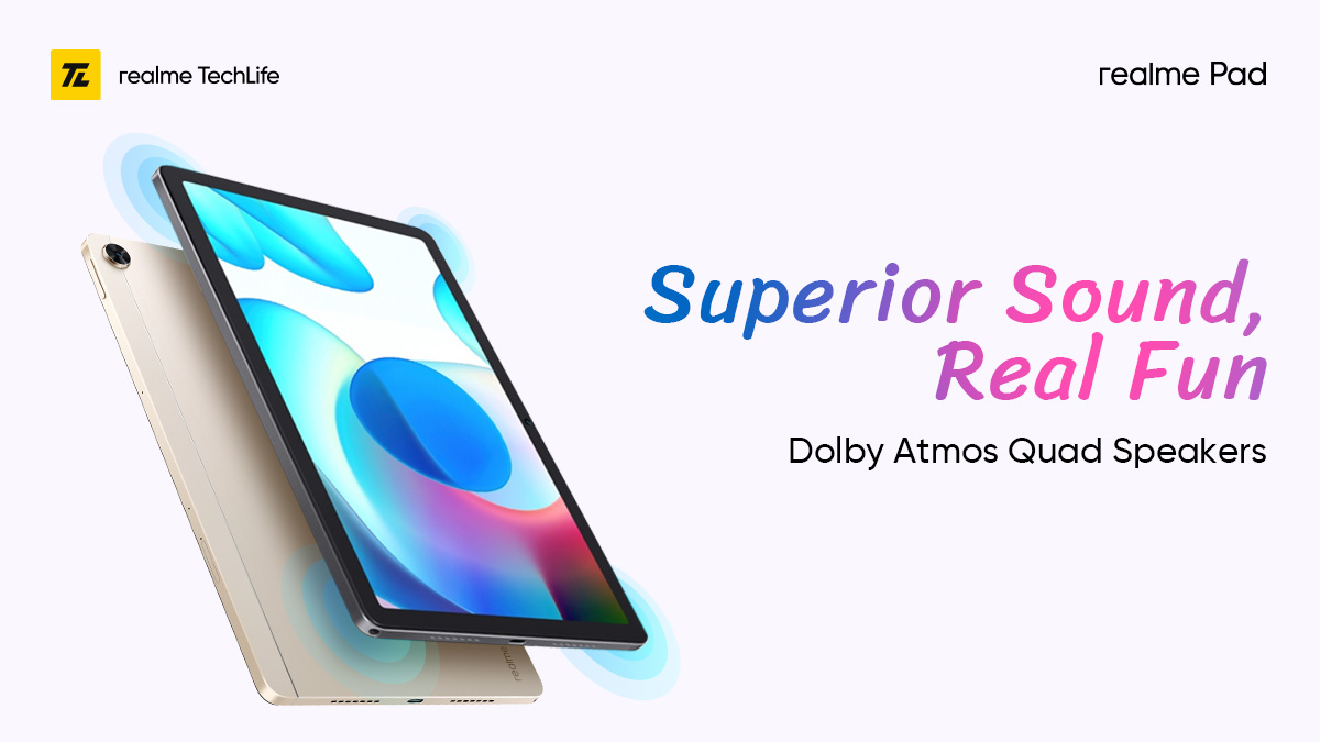 realmenarzoIN's tweet photo. Create an entertainment experience that’s immersive and true to life with the #realmePad’s Dolby Atmos Quad Speakers! @DolbyIn
#UltraSlimRealFun
Available on https://t.co/n3vAbwM2m7 & @Flipkart.
Buy now: https://t.co/Qypgm1KRb4 https://t.co/lSlAF5PYDa