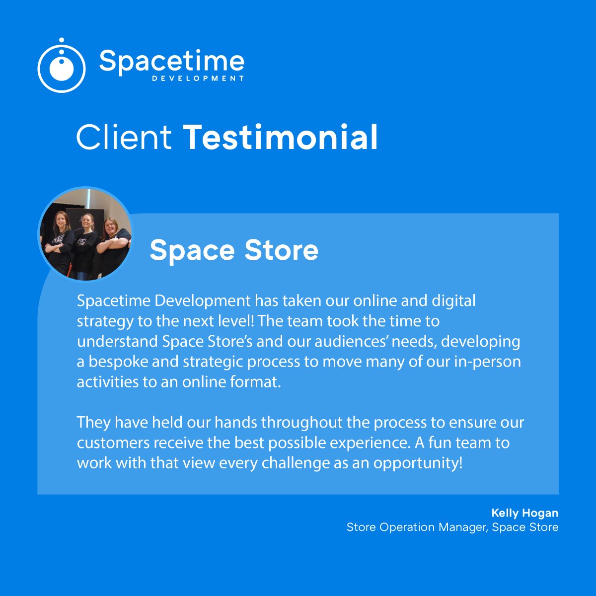 SpacetimeDev's tweet image. Could we help to support your business in with its digital strategy? 👩‍💼

We offer a wide variety of business support capabilities.
 
Check out what our client, Space Store had to say! 

Get in touch at spacetimedevelopment.com