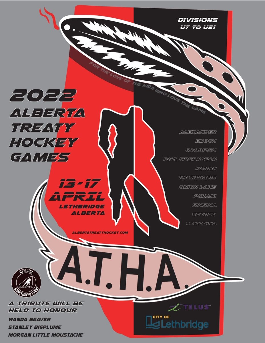 Oki 👋and welcome to Sikóóhkotok (Lethbridge) to all those teams and visitors who are competing in the Alberta Treaty Hockey Games this week, 14-17 April 🤩

For details &amp; information about the tournament, head to the Alberta Treaty Hockey Facebook page ☺️
#yql
#BrighterTogether