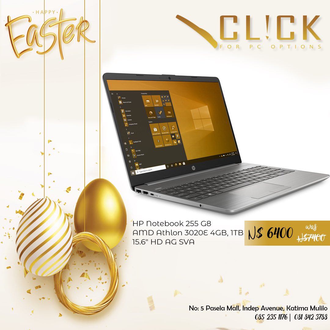 clickpcstore's tweet image. Enjoy #Easter with this HP laptop.
Stock availablein WHK and  Katima Mulilo #clickpcstore #kmtwitter
