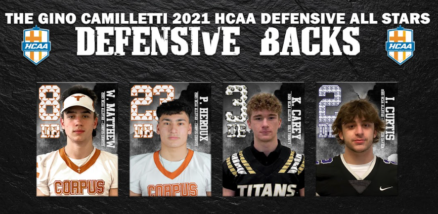 Introducing the 2021 @HCAA2017 Gino Camilletti Defensive All-stars at the Defensive Back position. Congratulations to these outstanding student athletes!