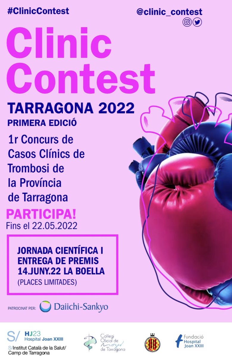 riesco2014's tweet photo. I Concurso de Casos Clínicos en FA y Tromboembolismo Pulmonar del Camp de Tarragona!!! Animate a participar 💪🏻💪🏻💪🏻y gana uno de sus premios. @comtgna @Acmtgna @XarxaSantaTecla @hjoan23 @HospitalReus @hospital https://t.co/f1UFBREHND
