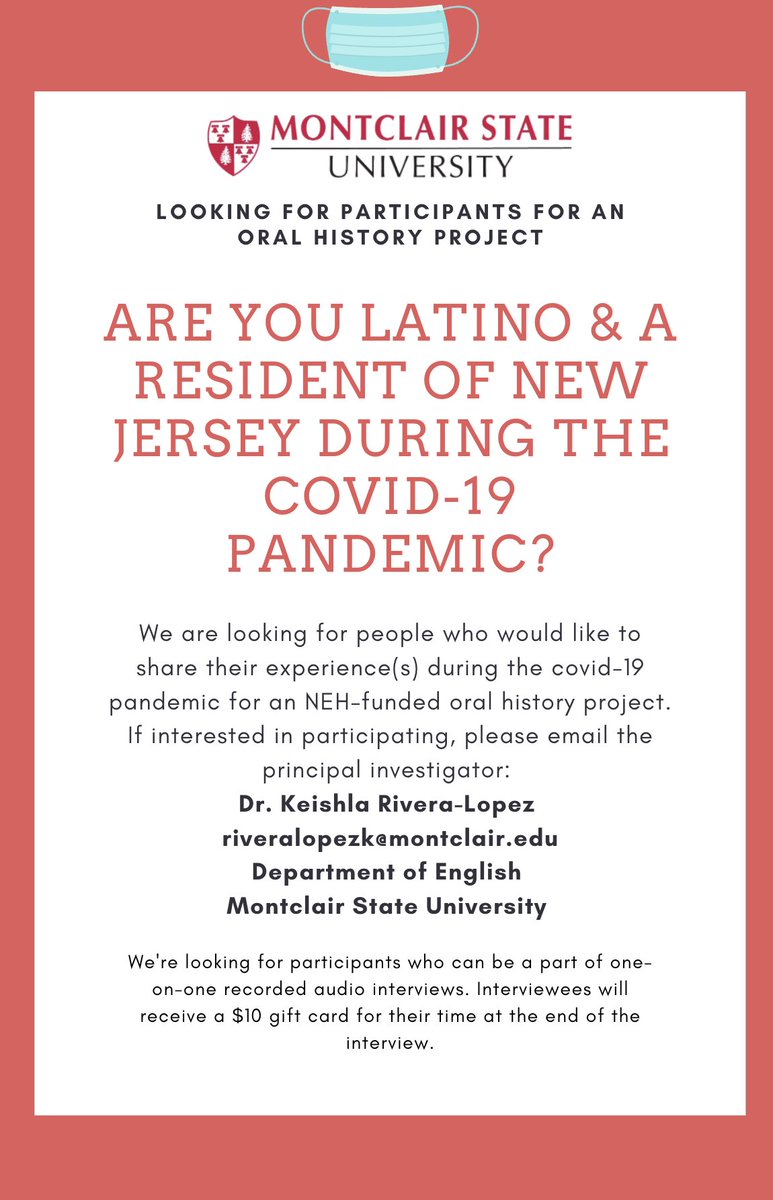 Ohh_Kei's tweet photo. I am currently recruiting participants for a NEH-funded #oralhistoryproject documenting the experiences of #LatinosinNJ during the covid-19 pandemic. Please share the flyer with your networks &amp; tell folks who may be interested in participating to contact me! Thx!
@montclairstateu https://t.co/T5M7VNQoan