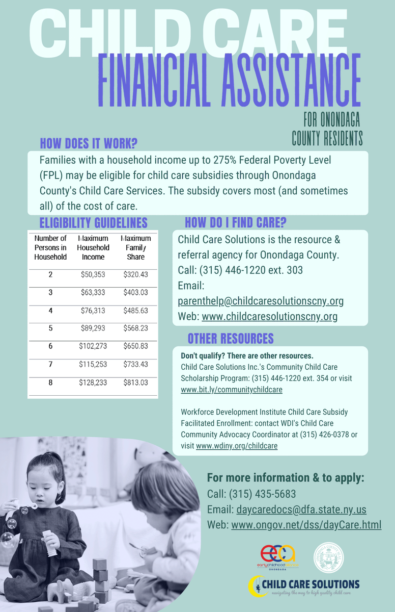 AllynFoundation's tweet photo. Childcare Financial Assistance is available for families in Onondaga County! Please share this amazing with any parents you may know.
For more information &amp; to apply:
Call: (315) 435-5683
Email: daycaredocs@dfa.state.ny.us
Web: https://t.co/9HE6ftc34z https://t.co/9mFuiBvS6Q