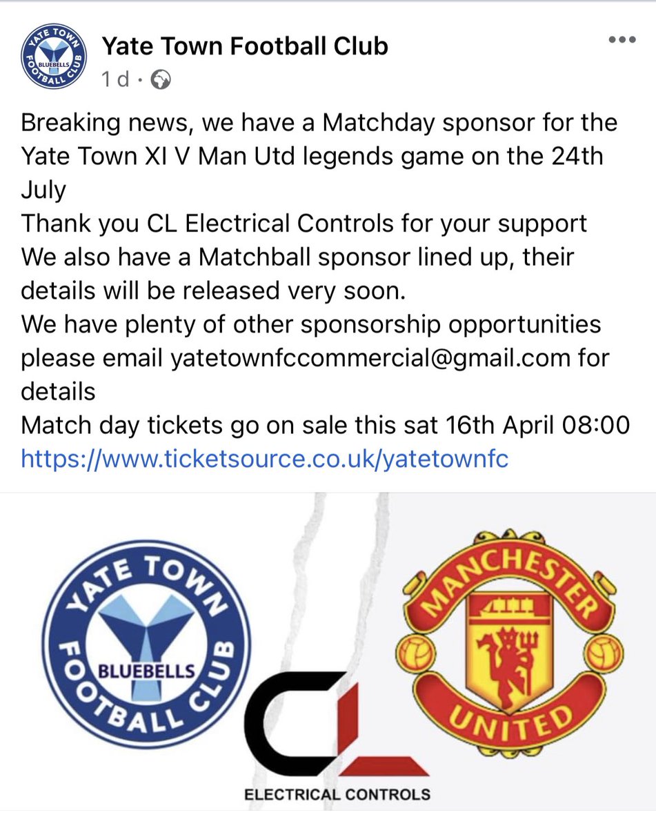 Great to be match day sponsor for <a href="/YateTownFC/">Yate Town F(C)</a> against Man Utd legends. Why not grab a ticket and join us there?? #matchdaysponsor #yatetownfc #clelectricalcontrols