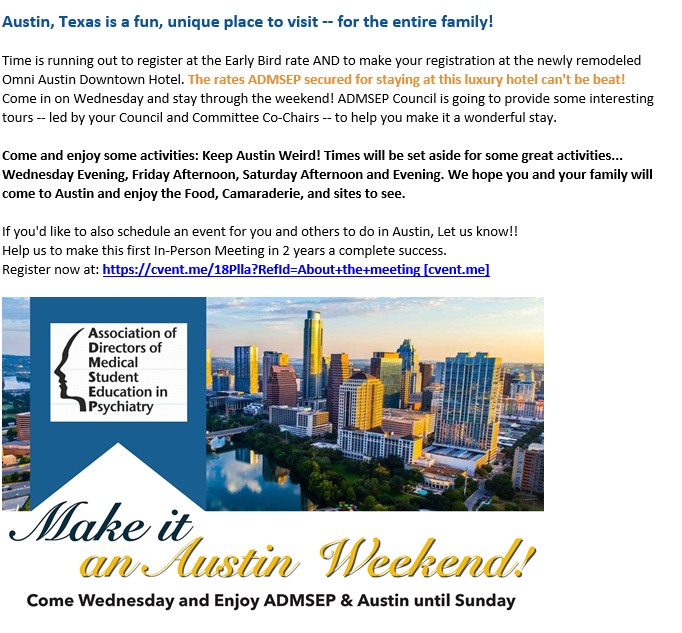 Dear #Psychtwitter family:  

If you are looking to ease back into in person meetings, check out #ADMSEP22.  

We will be in Austin to discuss #MedEd in psychiatry.  Our keynote is the national DEI thought leader, <a href="/DrQuinnCapers4/">Quinn Capers, IV</a>!  

Please register here: go.unmc.edu/admsep