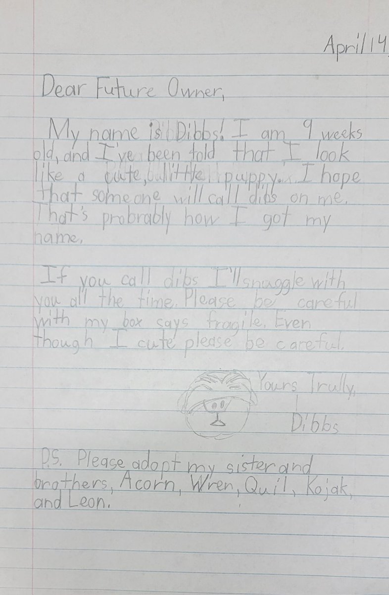 Since we're learning how to write letters, each student chose a dog at the Humane Society and wrote a persuasive letter to that dog's future owner! 🐕 ❤️. Hopefully a lot of dogs will find happy new homes with these awesome letters!