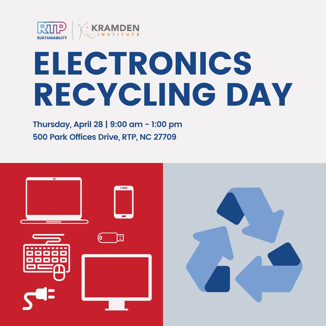 TheRTP's tweet photo. #Donate outdated electronic #devices or phones on #RTP Electronics #Recycling Day. 
@Kramden will refurbish and give usable items to less-advantaged NC students. 
April 28, 9 a.m. - 1 p.m., 500 Park Offices Dr., RTP, NC 27709
Pre-event donation form: https://t.co/zrduz4mLeg https://t.co/GWR6pkPwof