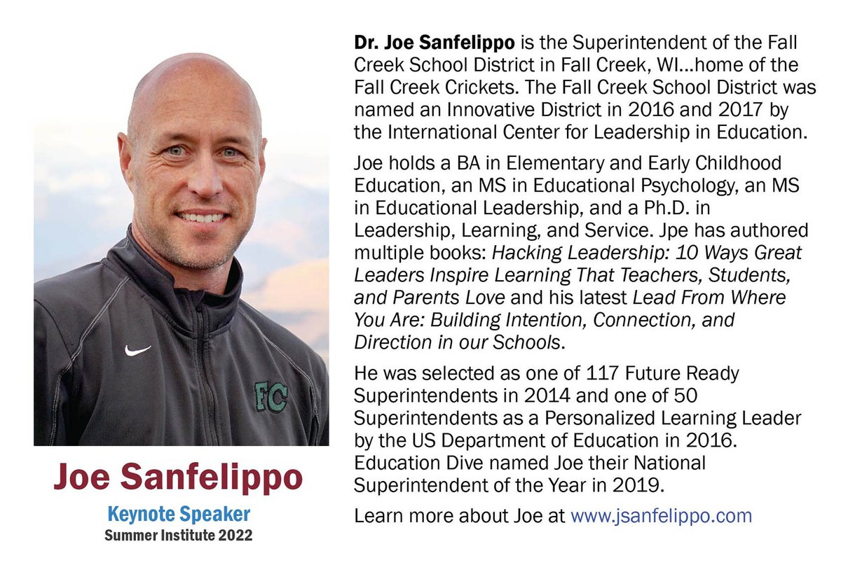 MSAA_33's tweet photo. Summer Institute '22 Keynote Speaker Highlight: 

Dr. Joe Sanfelippo -Superintendent of Fall Creek, WI - Named 2019 National Superintendent of the Year by Education Dive.

Learn more about Joe at https://t.co/4Mam549O6L

@jvincentsen @LarryMurphyMSAA @MIAA033 https://t.co/Y29XYFvEdF