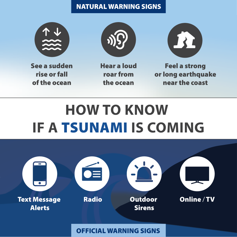 There are both natural &amp; official warning signs of a tsunami. 

If you SEE a sudden rise or fall of the ocean, HEAR a loud roar or FEEL a strong earthquake, go to higher ground immediately.

Also learn how official warnings will be broadcast in your area: PreparedBC.ca/tsunamis