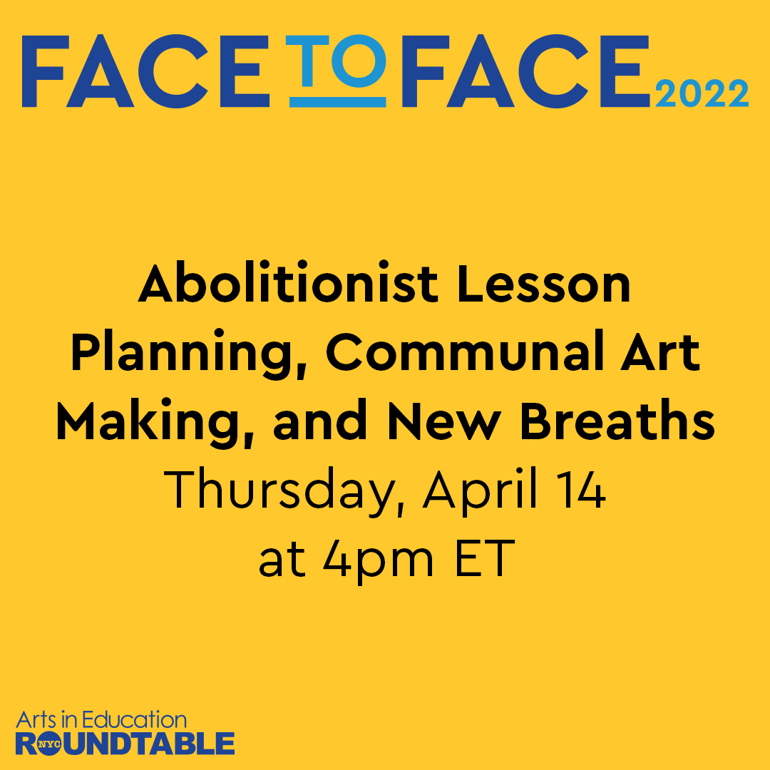 📢 This afternoon at #FacetoFace2022! Join us at 4pm ET to hear from Ashley Y. Lipscomb, <a href="/belindaime/">Belinda A. Sáenz, Ed.D</a>, and Tammie Swopes!

#F2F2022 #FacetoFace #Abolition #ArtsActivism #ArtsEd